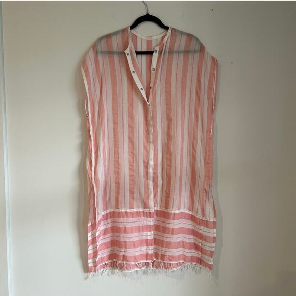 NWOT Lemlem Pink & White Striped Caftan – One Size, Snap Front, Fringe Hem - Picture 1 of 8